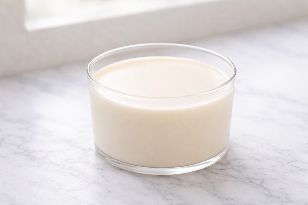 Smooth and Perfectly Set Panna Cotta Perfectly set panna cotta with smooth surface and creamy texture in glass