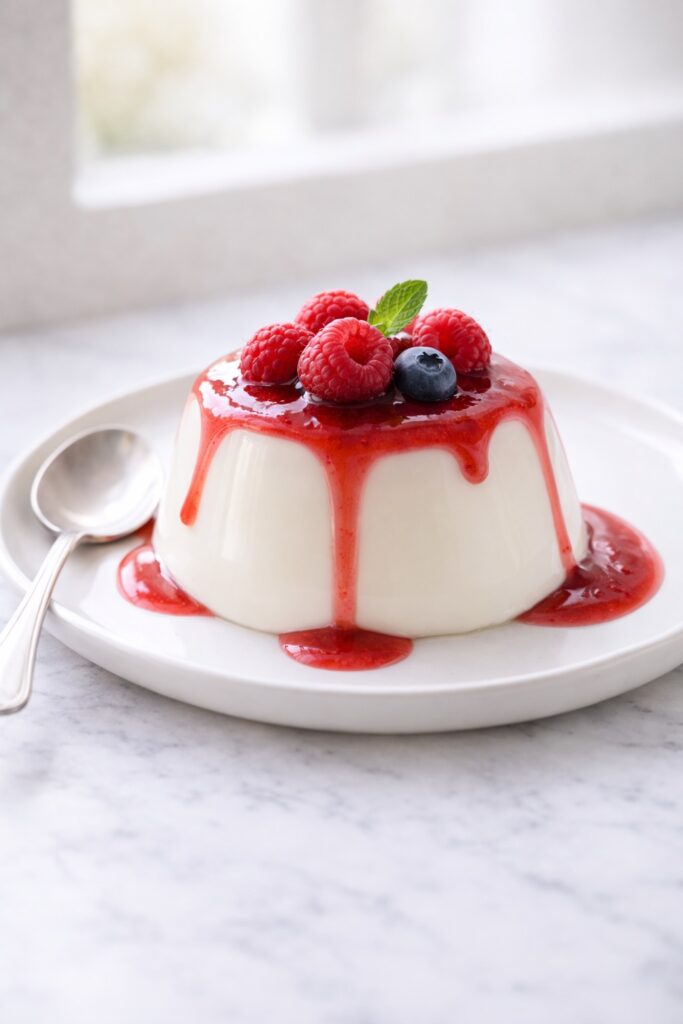 Panna Cotta Served with Berry Sauce Panna cotta served with raspberry sauce and fresh berries on white plate