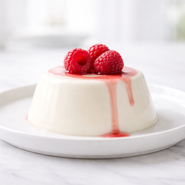 Unmolded panna cotta with raspberry topping showing smooth creamy texture