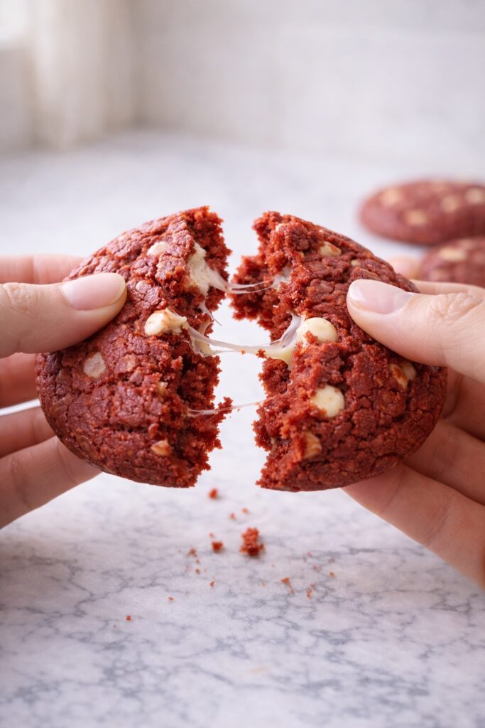 hands breaking a red velvet cookie showing soft chewy crumb and melted white chocolate chips