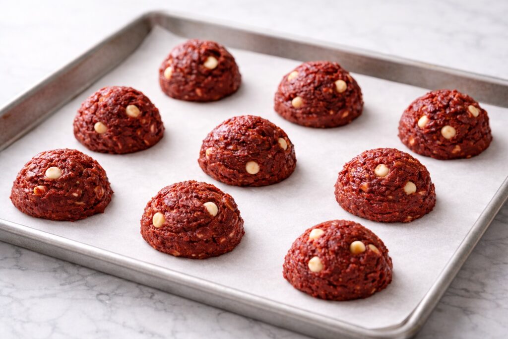 red velvet cookie dough balls arranged on baking tray before baking