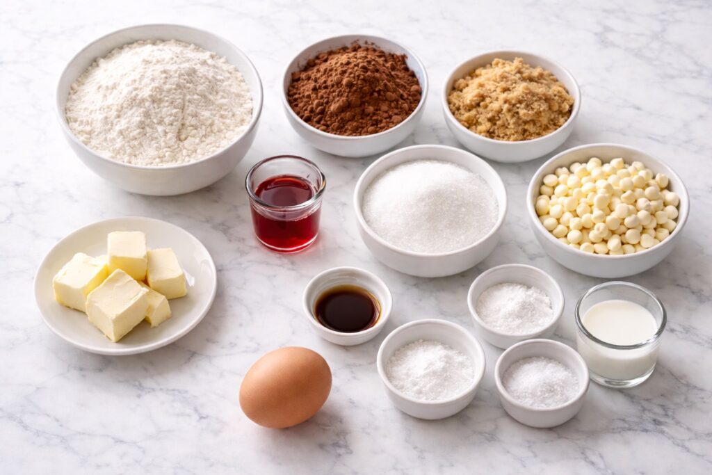ingredients needed to make red velvet cookies arranged on marble counter