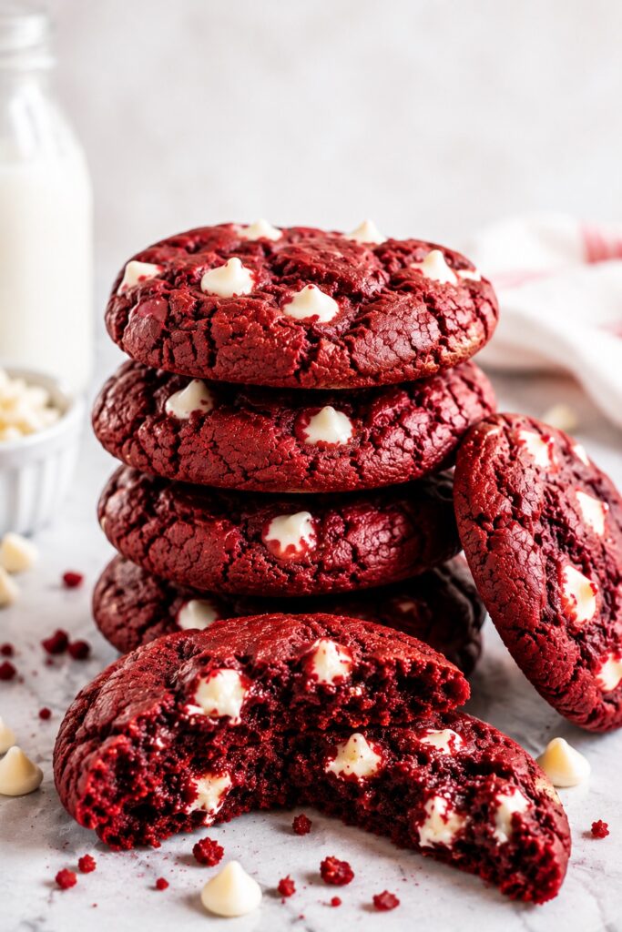 Red Velvet Cookies Recipe Stack of soft red velvet cookies with white chocolate chips and a gooey bakery-style center on a light marble surface.