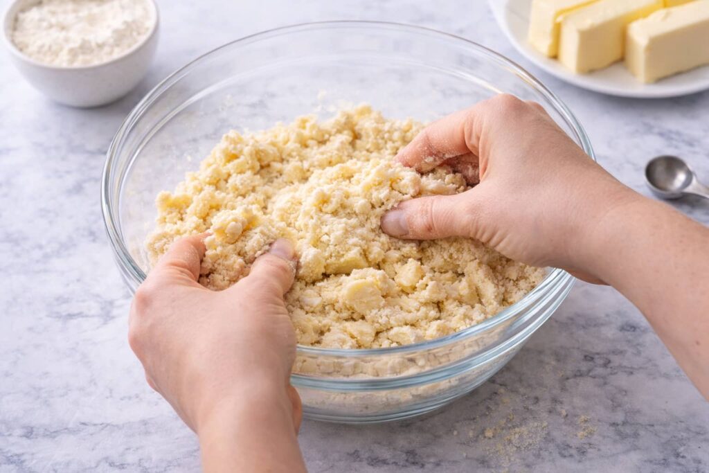 Shortcake Dough Process mixing shortcake dough with cold butter pieces in a glass bowl