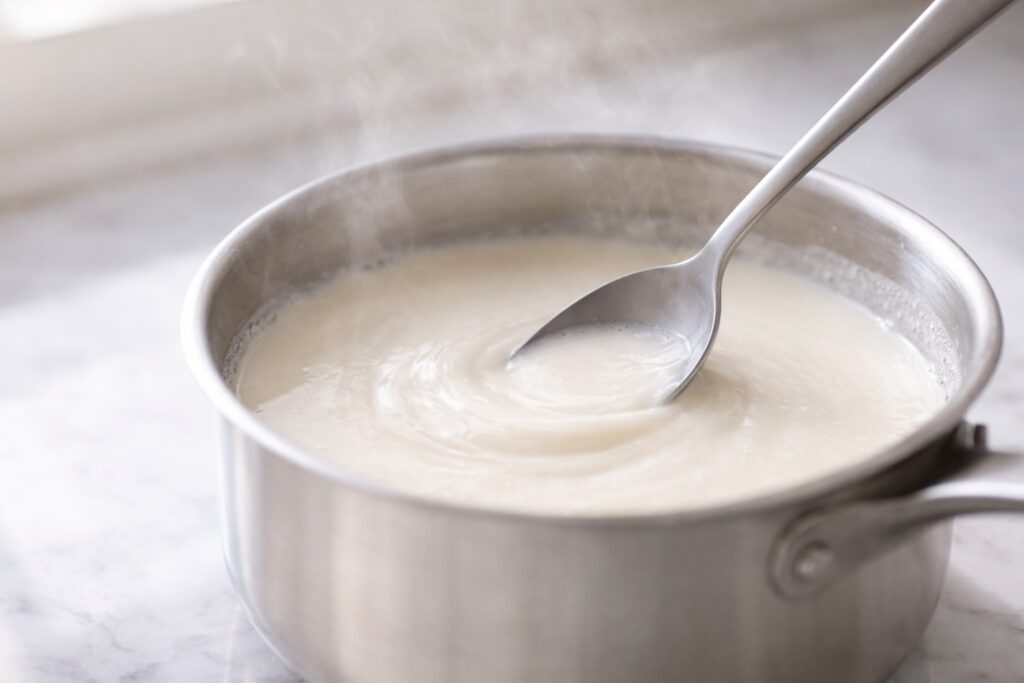 Warming Cream Mixture for Panna Cotta Panna cotta cream mixture gently heated and stirred with light steam without boiling