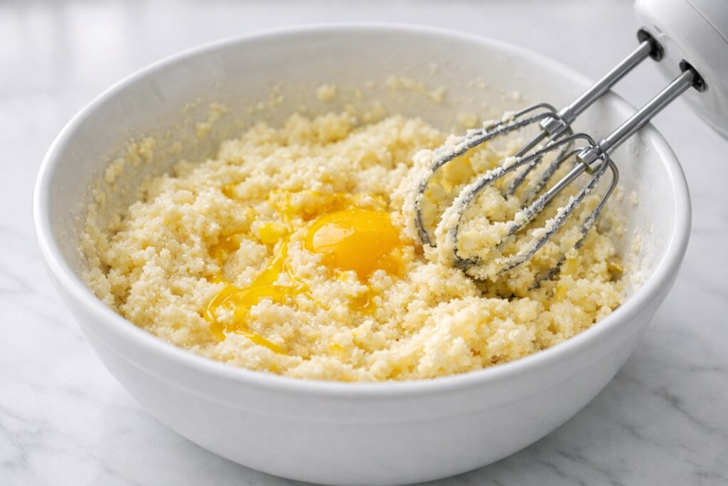 Adding Eggs to Cake Batter – Before Fully Mixed Stage