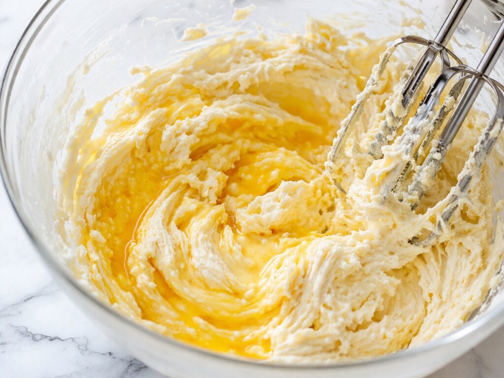Adding Eggs to Cake Batter Butter sugar and eggs partially mixed in cake batter