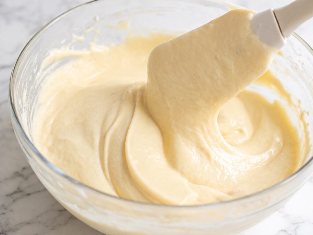 Finished Vanilla Cake Batter Smooth vanilla cake batter with soft flowing texture