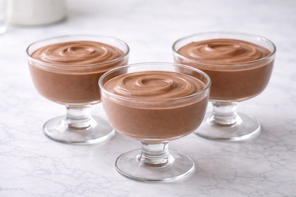 chocolate mousse in glasses after chilling showing smooth set texture