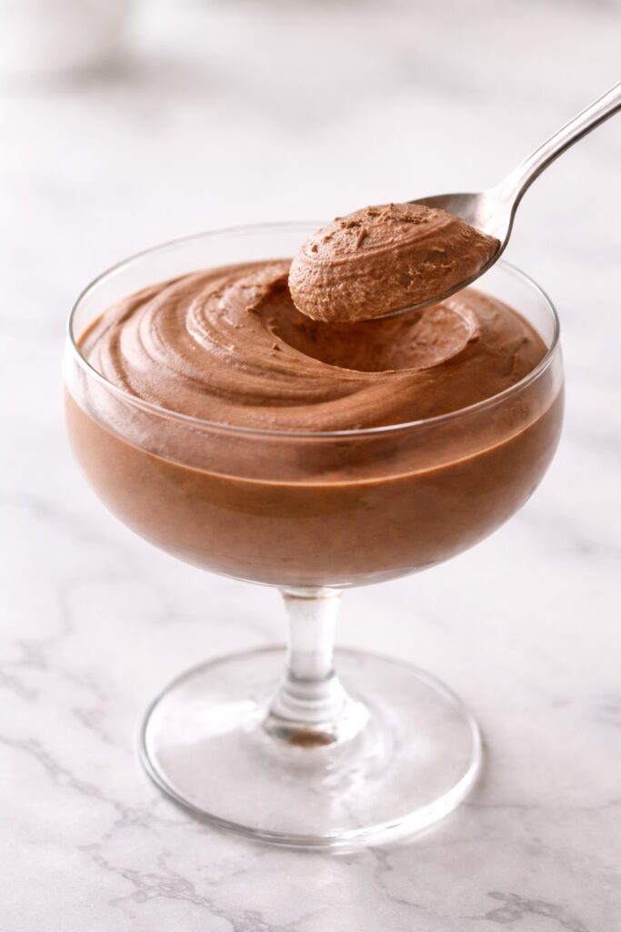 Chocolate Mousse Serving – Light, Airy and Creamy Texture spoon scooping silky chocolate mousse showing airy creamy texture