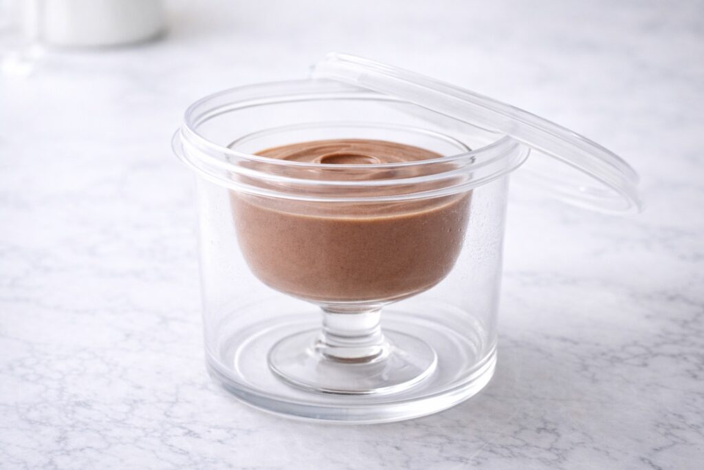 chocolate mousse stored in airtight container showing smooth creamy texture