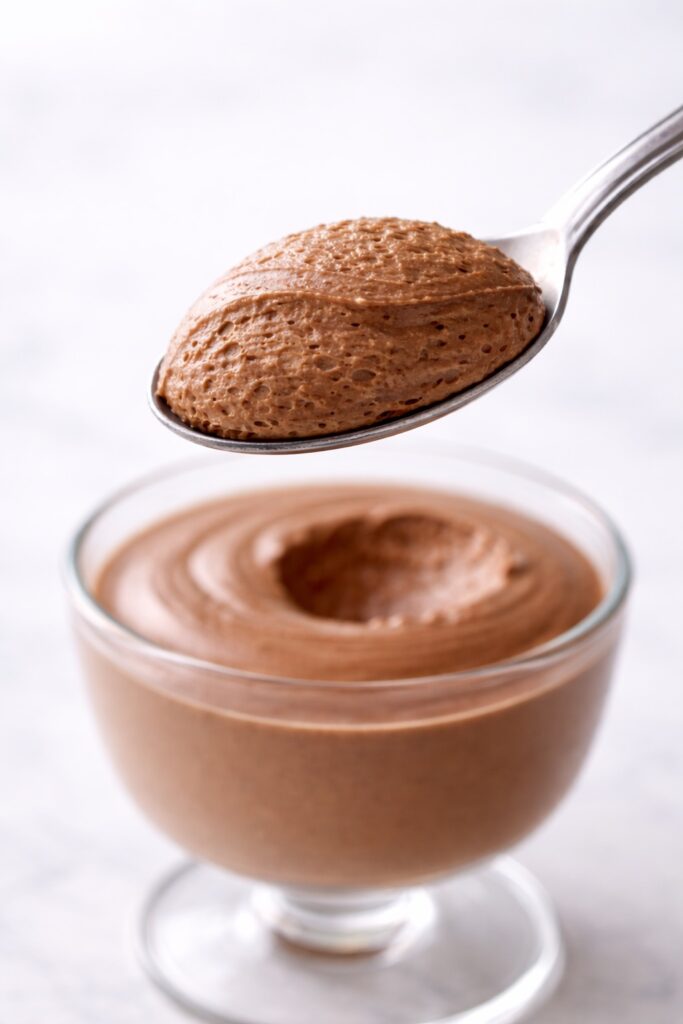 spoonful of chocolate mousse showing airy silky texture with scoop mark in glass
