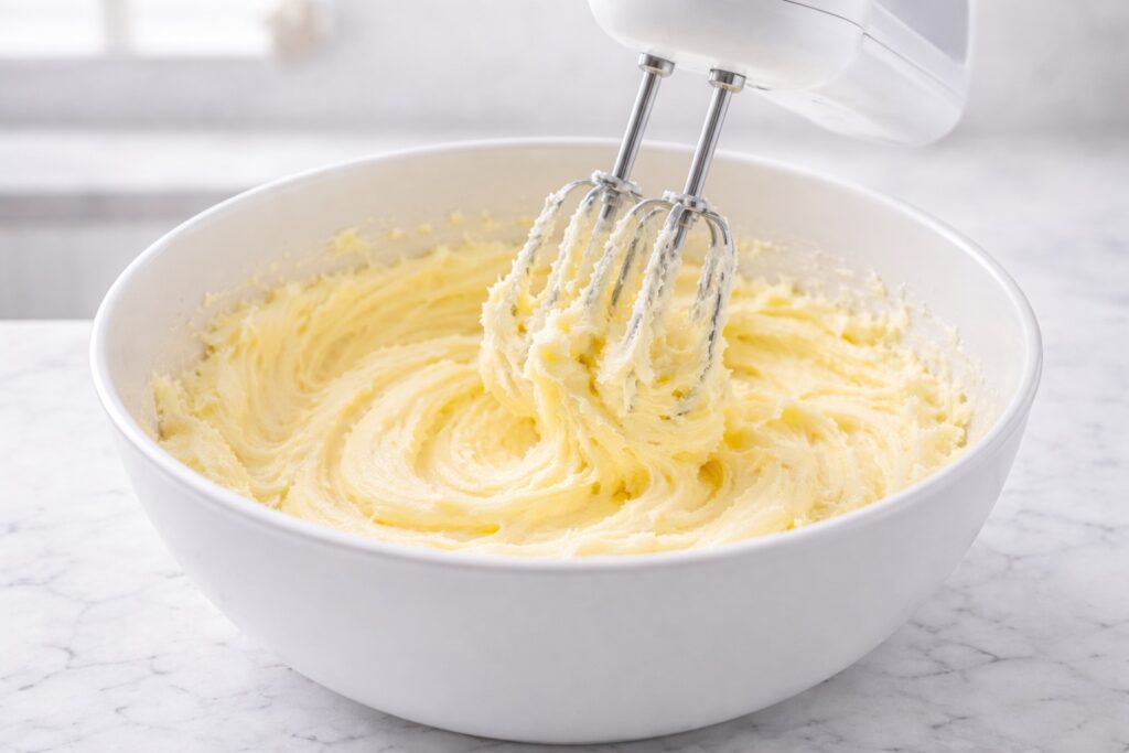 Creaming butter and sugar until pale and fluffy to create a light pistachio cake batter