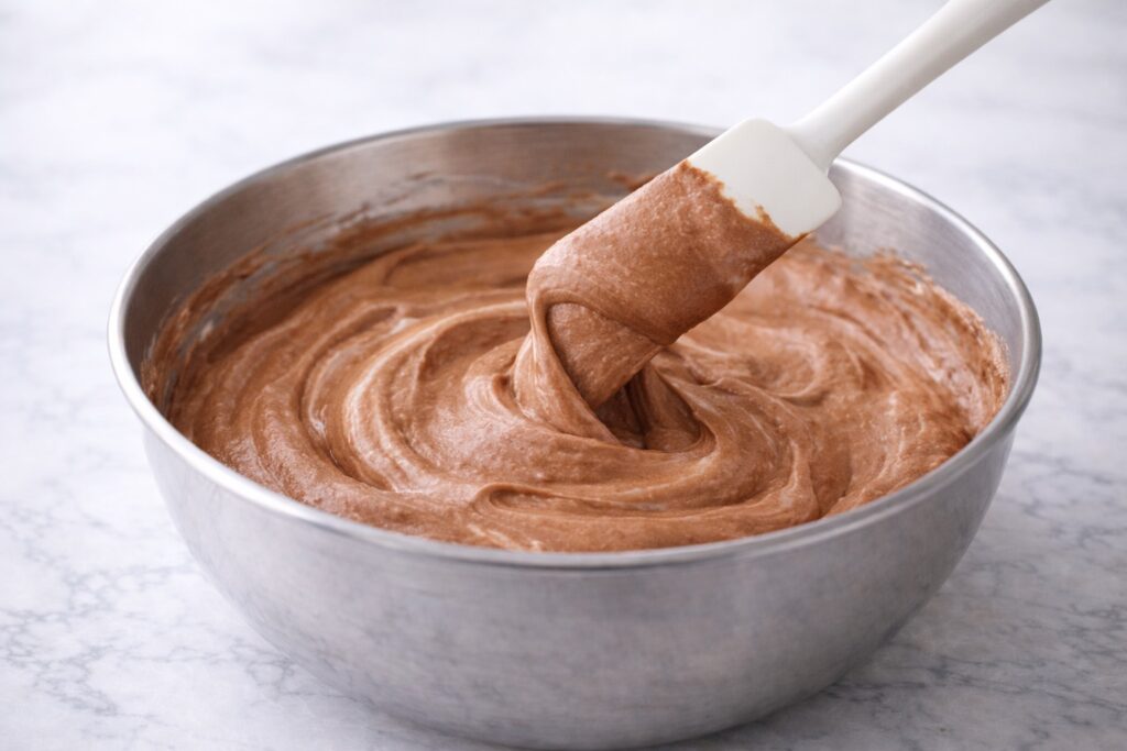 folding whipped cream into chocolate mousse showing airy fluffy texture