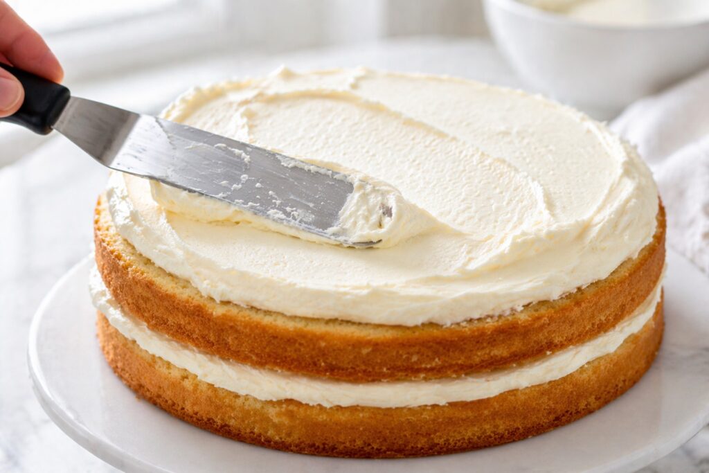 Applying Buttercream Frosting Spreading buttercream frosting on cake layer