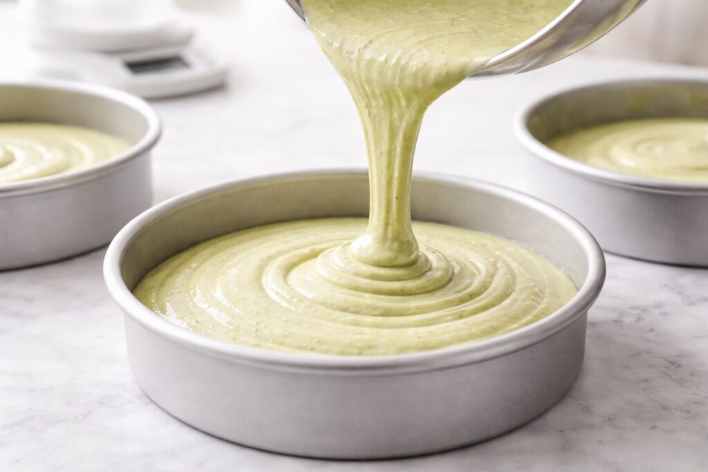 Pistachio cake batter being poured evenly into three round cake pans before baking
