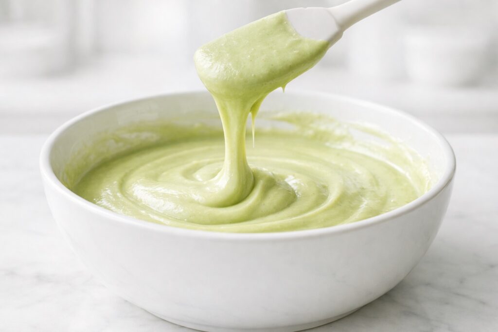 Smooth pistachio cake batter with thick pourable consistency falling from spatula