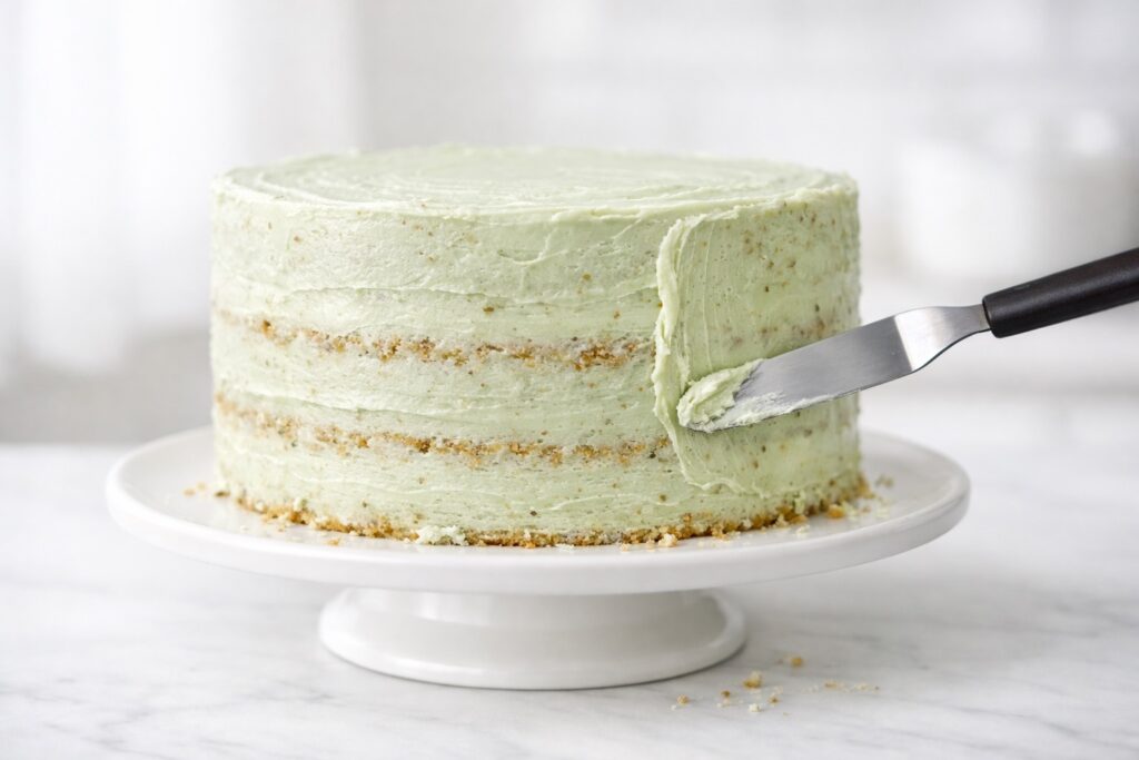 Pistachio cake with thin crumb coat frosting sealing in crumbs