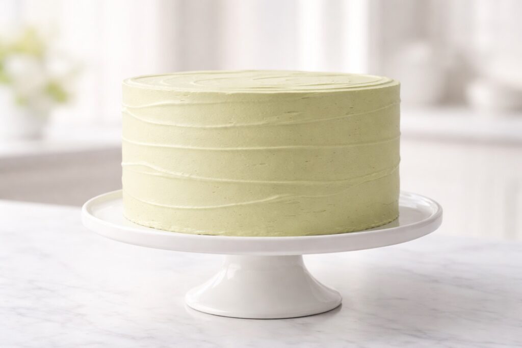 Fully frosted pistachio cake with smooth buttercream finish before decoration