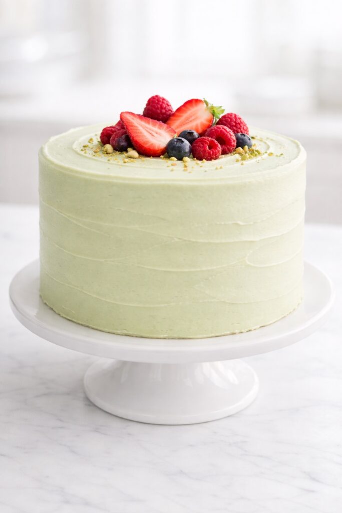 Pistachio cake with fresh berries and elegant buttercream finish