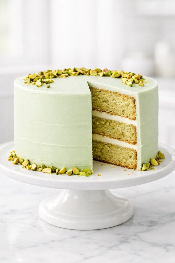 Pistachio layer cake with three soft cake layers, creamy filling, and smooth pistachio frosting topped with chopped pistachios