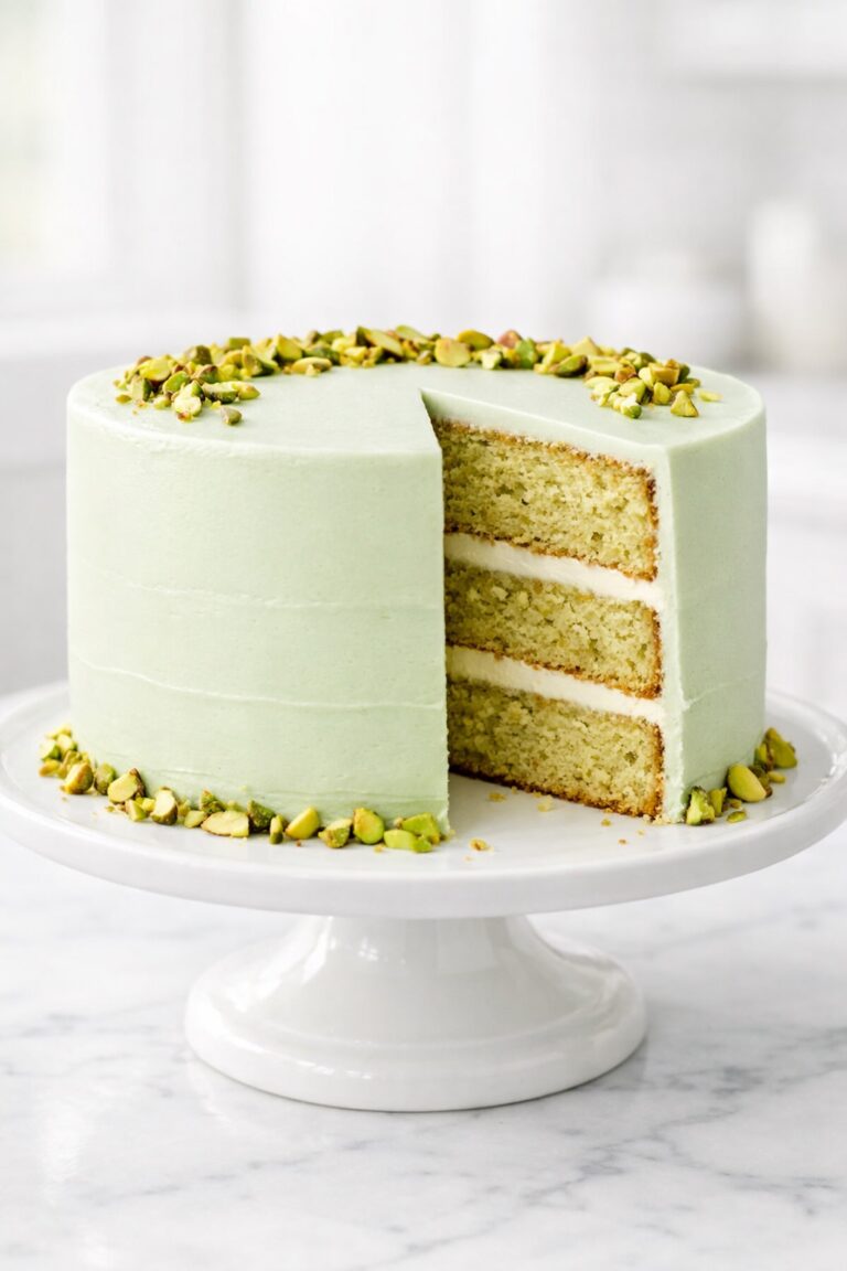 Pistachio layer cake with three soft cake layers, creamy filling, and smooth pistachio frosting topped with chopped pistachios