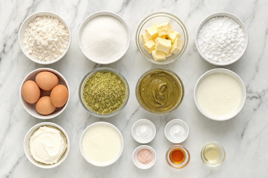 Ingredients for pistachio cake arranged in small bowls on a marble surface