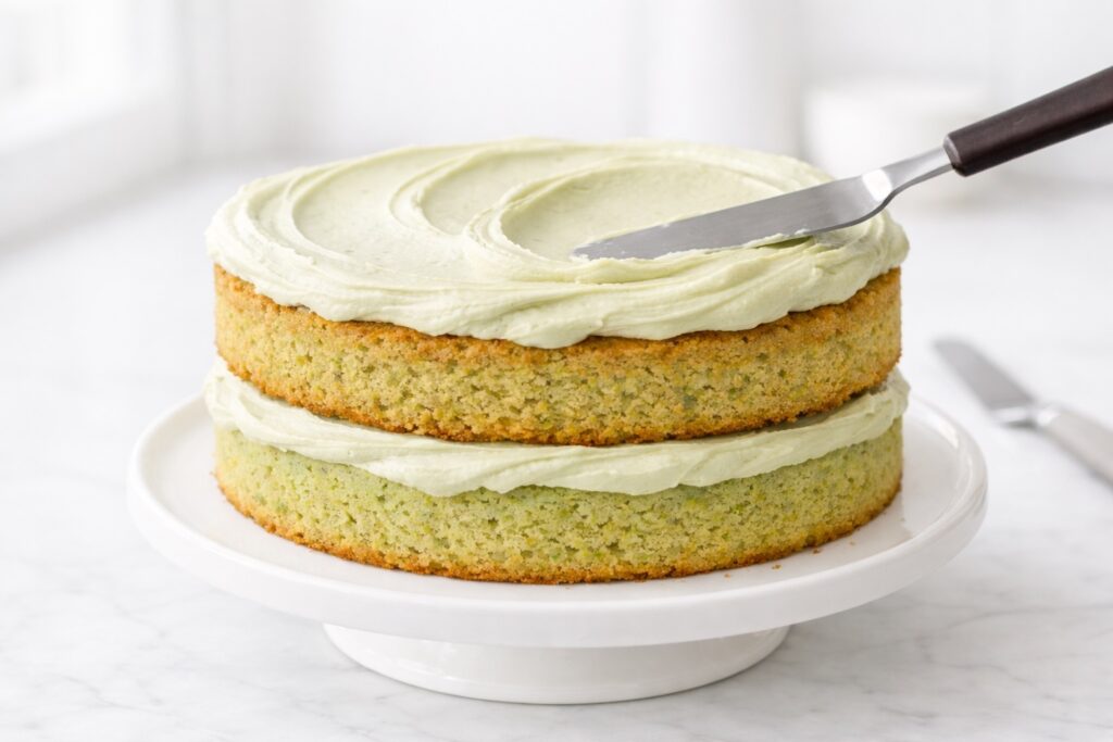 Layering pistachio cake with creamy filling and frosting between layers
