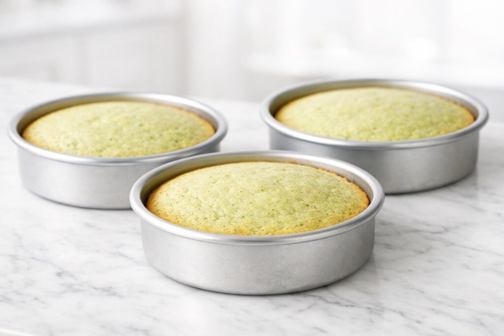 Freshly baked pistachio cake layers with light golden edges and smooth tops in cake pans