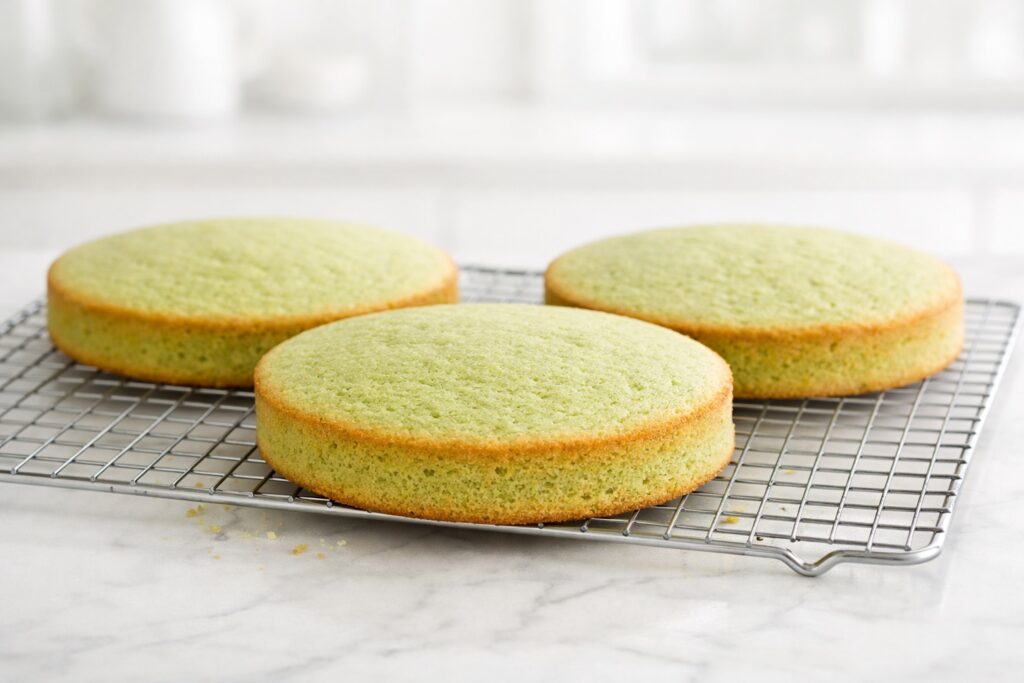 Pistachio cake layers cooling on a wire rack after baking