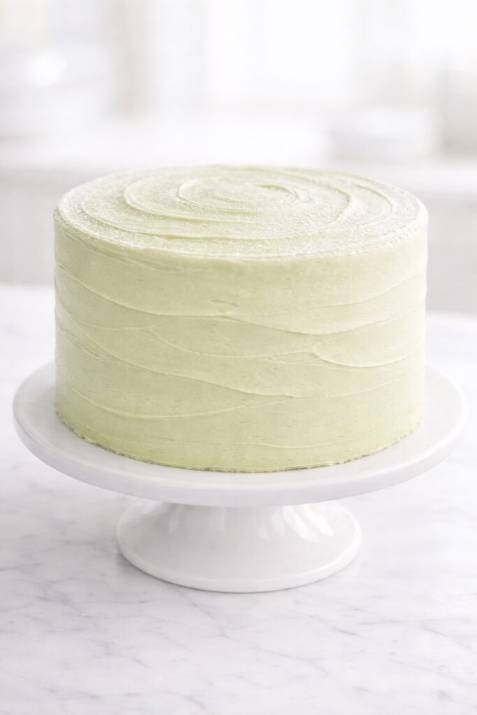 Pistachio cake with a light dusting of powdered sugar and soft swirl frosting finish