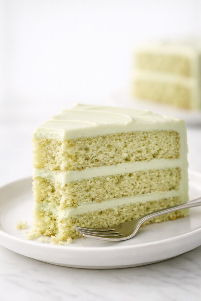 Pistachio cake slice served on a white plate with a fork, showing soft layers and creamy frosting