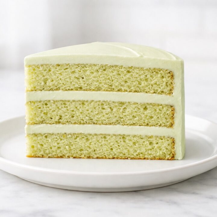 Pistachio cake slice with soft crumb and smooth frosting layers