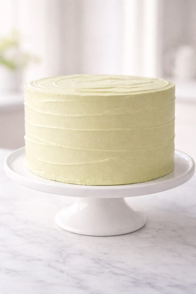 Smooth pistachio cake with clean buttercream finish and soft elegant texture