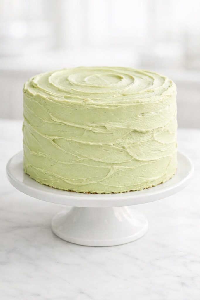 Pistachio cake with soft swirled buttercream frosting and relaxed homemade texture