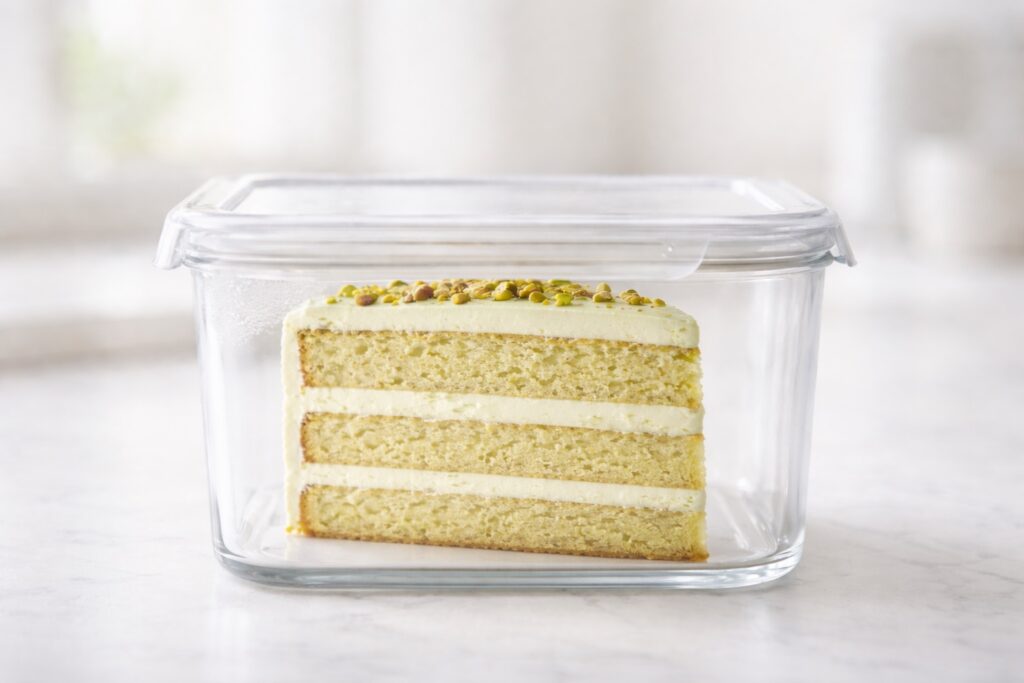 Pistachio cake slice stored in an airtight container to keep it fresh and moist