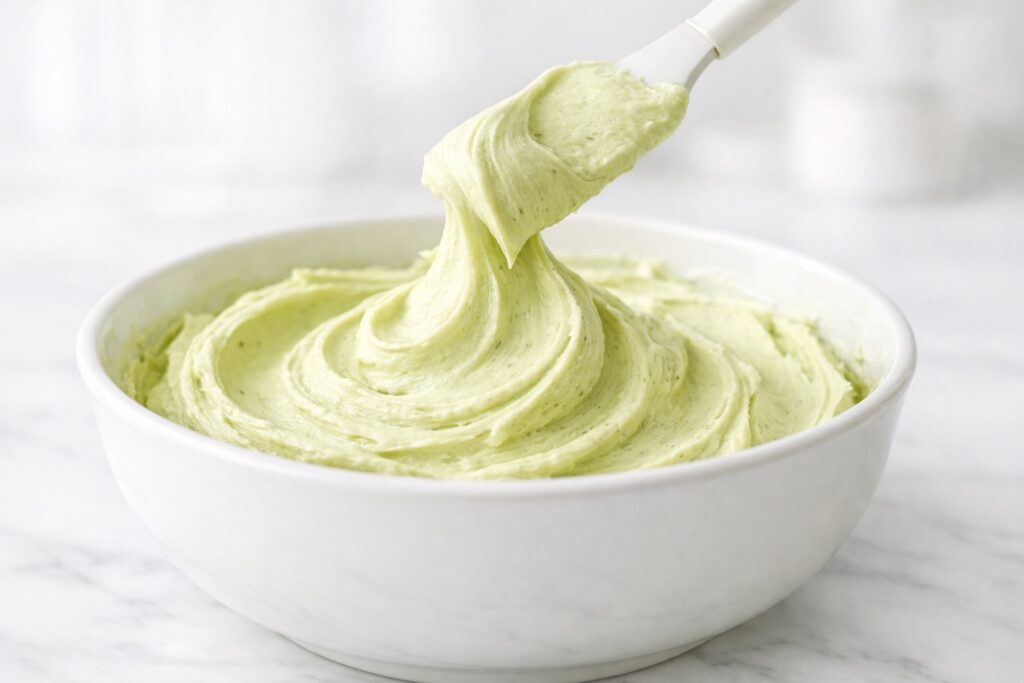 Pistachio frosting with soft peaks showing perfect creamy texture