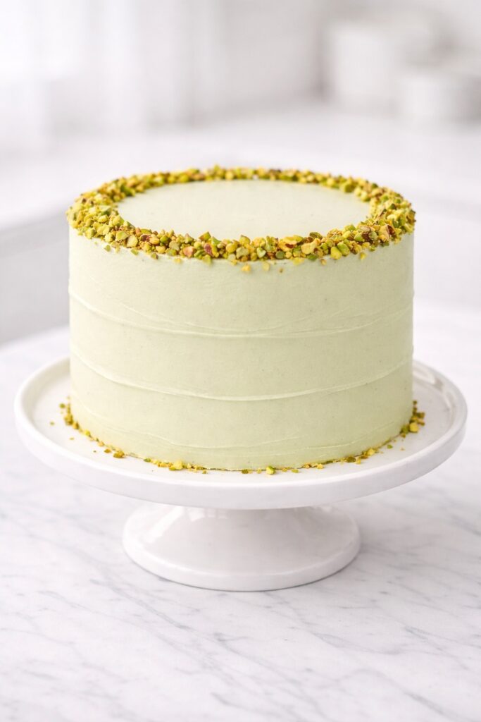 Fully frosted pistachio layer cake with smooth buttercream and pistachio topping