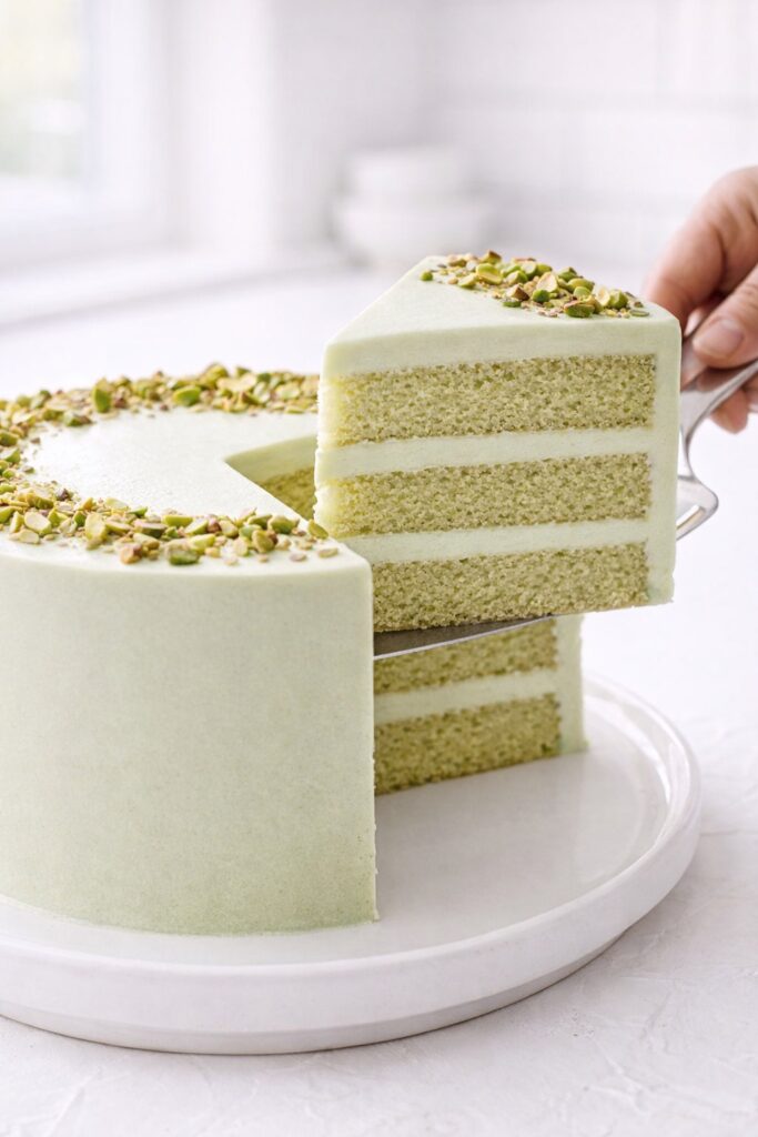 Serving a slice of pistachio layer cake with three soft layers, creamy filling, and smooth pistachio frosting