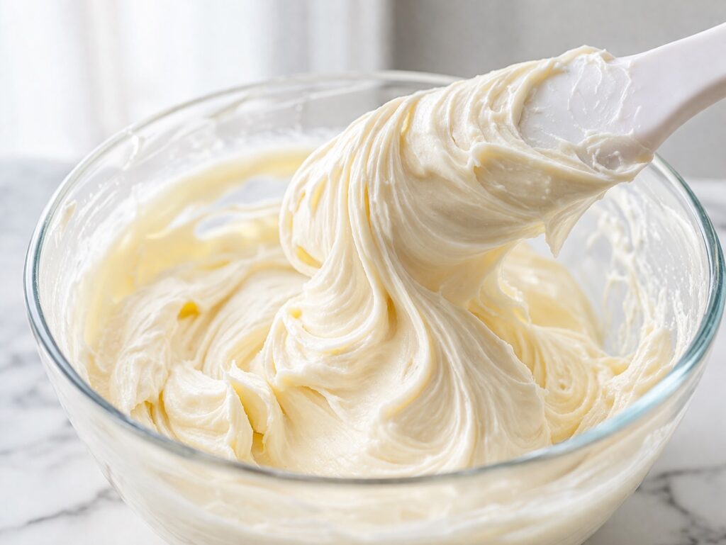 Vanilla Buttercream Texture Vanilla buttercream frosting with soft peaks