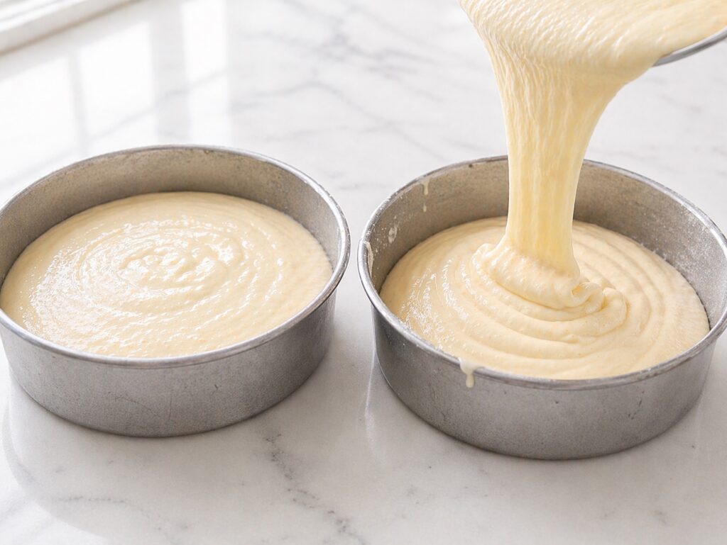 Dividing Cake Batter into Pans Vanilla cake batter divided evenly into pans