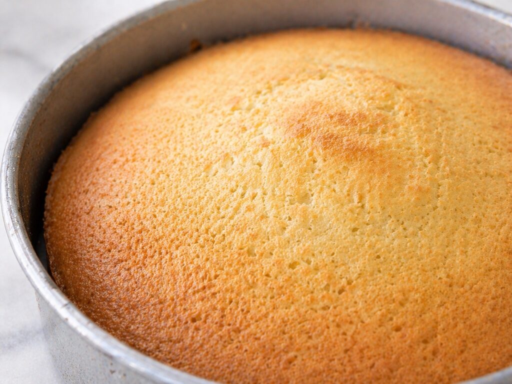 How to Tell Cake Is Done Close-up of baked vanilla cake surface showing doneness