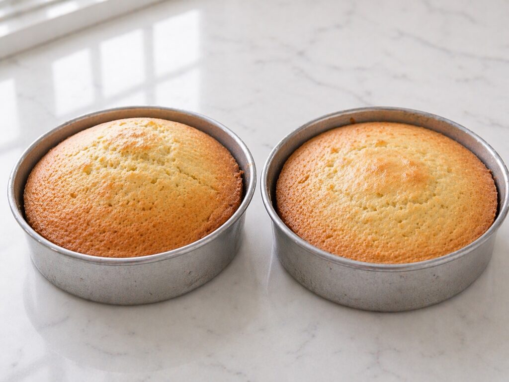 Vanilla Cake Layers Baked Vanilla cake baked in pan with golden edges