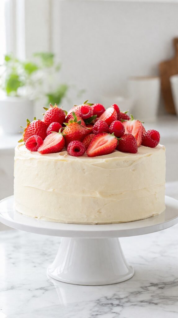 Vanilla Cake with Fresh Berries Vanilla cake topped with fresh strawberries and raspberries