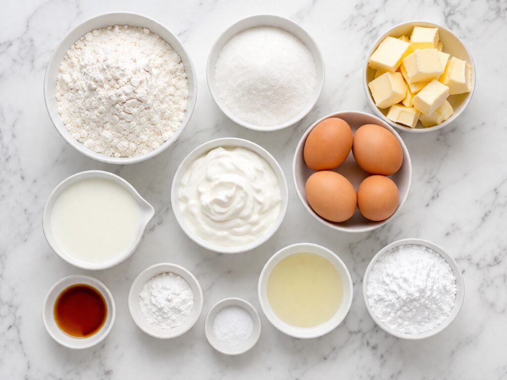 Vanilla Cake Ingredients Overview Vanilla cake ingredients arranged in bowls on marble surface