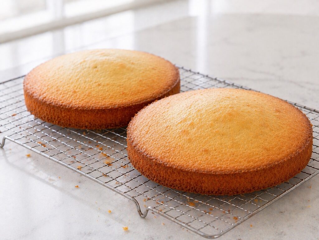 Cooling Cake Layers Vanilla cake layers cooling on a wire rack