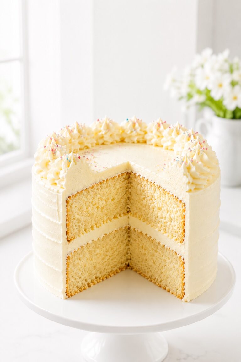 Vanilla layer cake with soft butter cake layers and smooth frosting