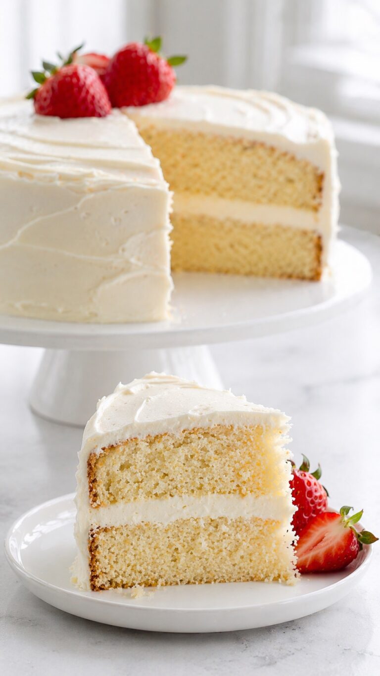 Vanilla layer cake with soft butter cake layers and smooth frosting