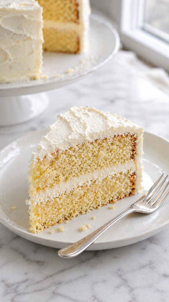 Serving Vanilla Cake Slice Slice of vanilla cake served on plate with buttercream