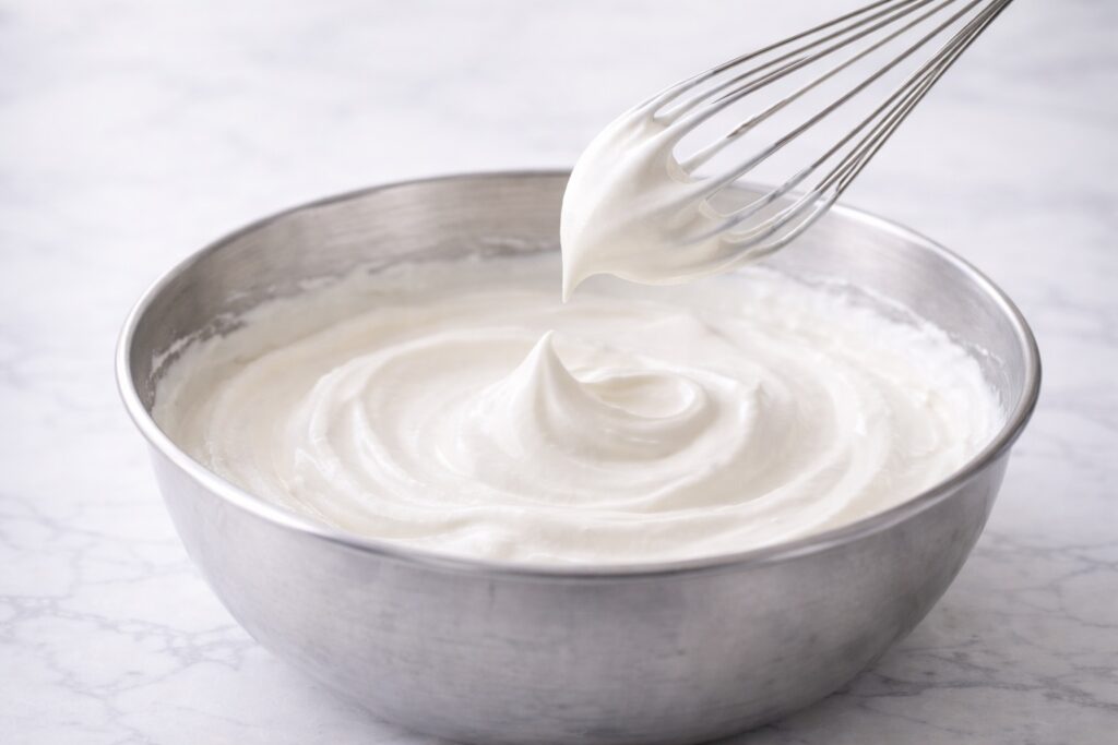 whipped cream at soft peaks stage showing gentle curved peak